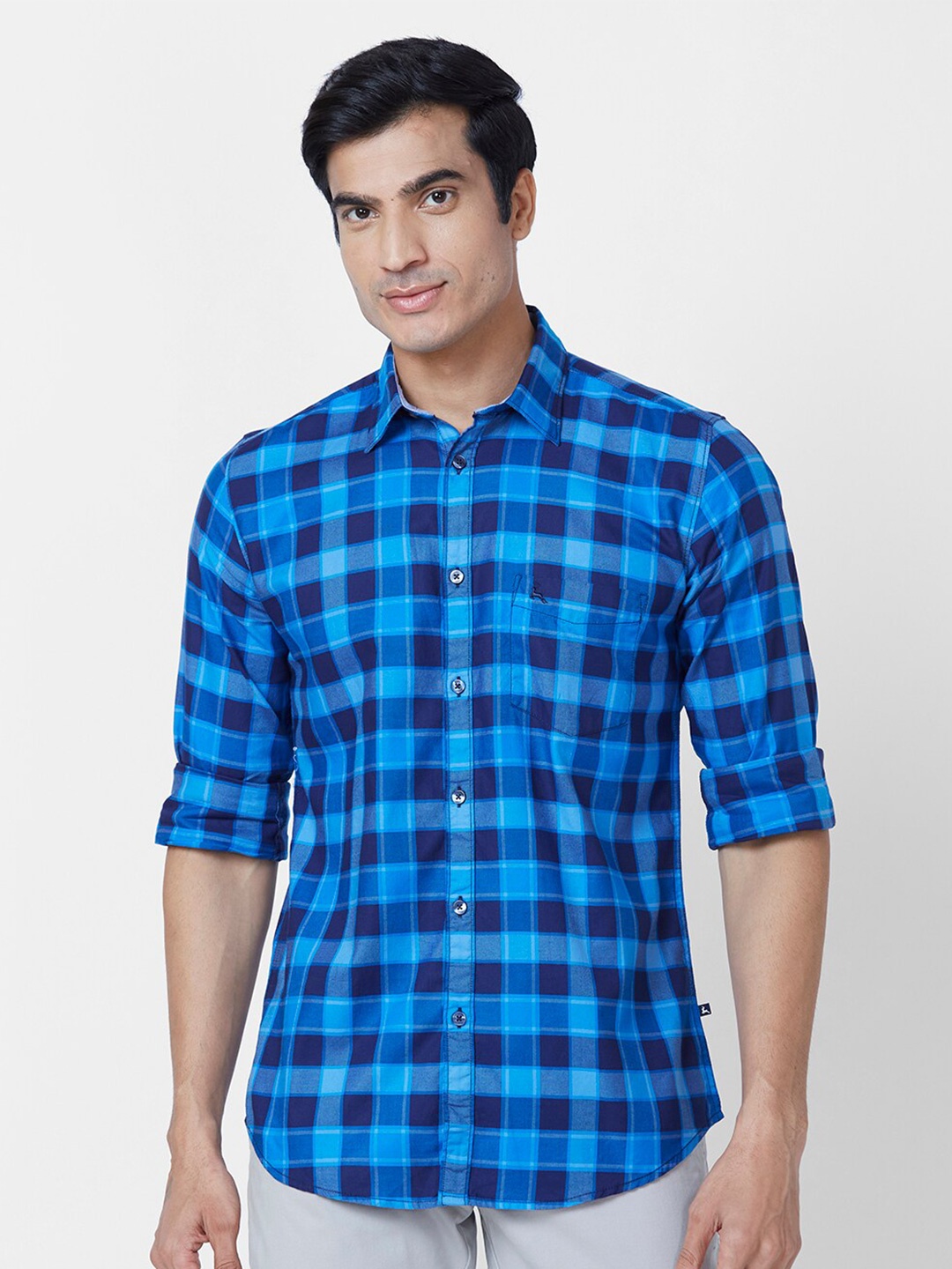 

Parx Buffalo Checked Cotton Slim Fit Opaque Casual Shirt, Blue