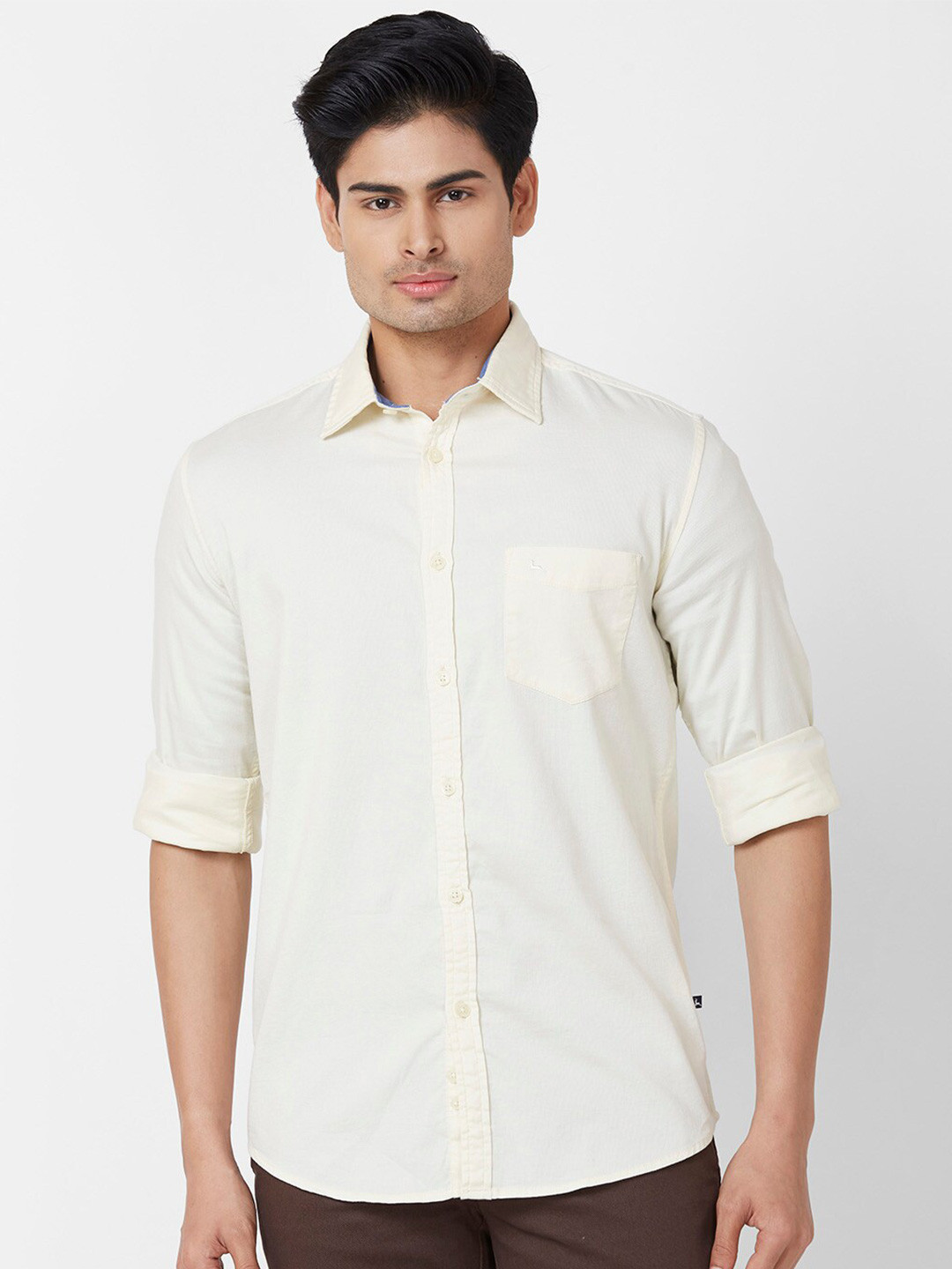 

Parx Spread Collar Slim Fit Opaque Casual Shirt, Beige