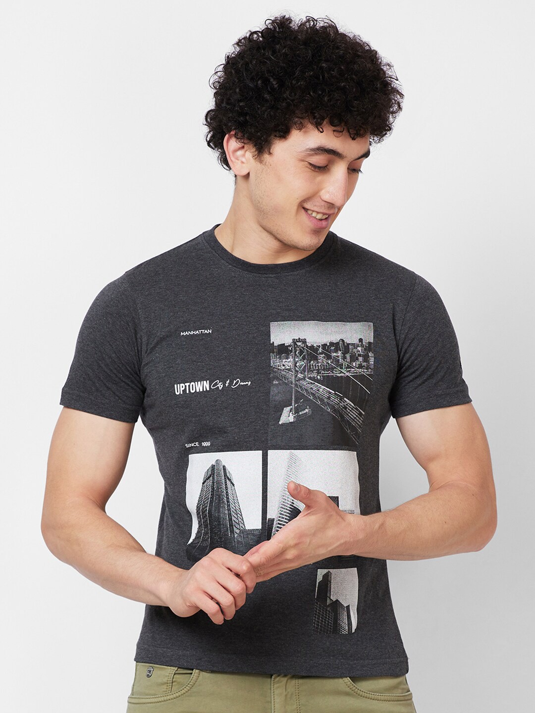 

Parx Printed Cotton T-shirt, Grey
