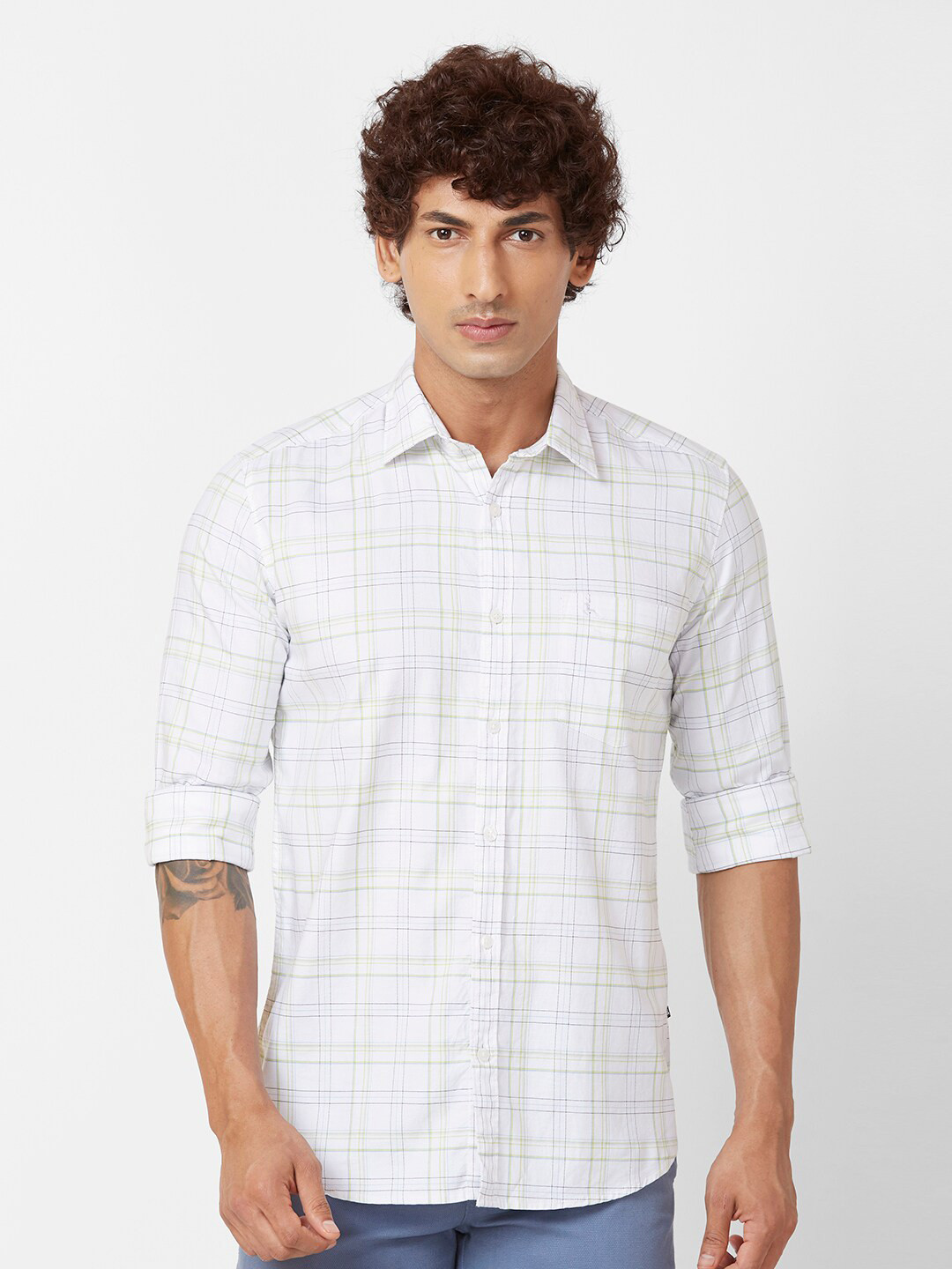 

Parx Slim Fit Tartan Checks Opaque Cotton Casual Shirt, Green