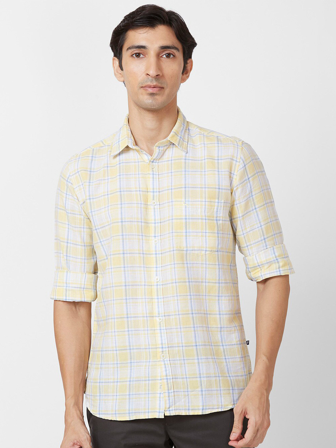 

Parx Checked Cotton Spread Collar Slim Fit Curved Casual Shirt, Yellow