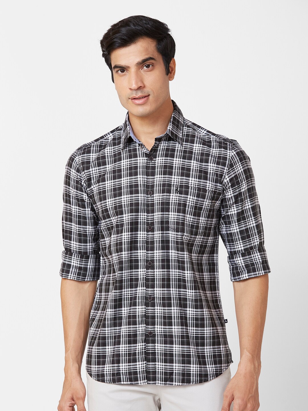 

Parx Slim Fit Tartan Checks Cotton Casual Shirt, Black