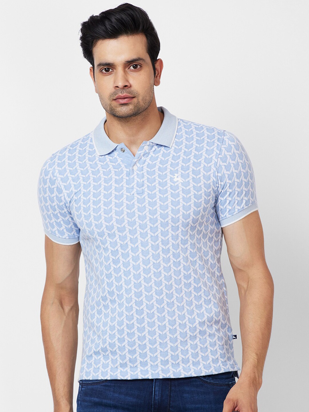 

Parx Geometric Printed Polo Collar Cotton T-shirt, Blue