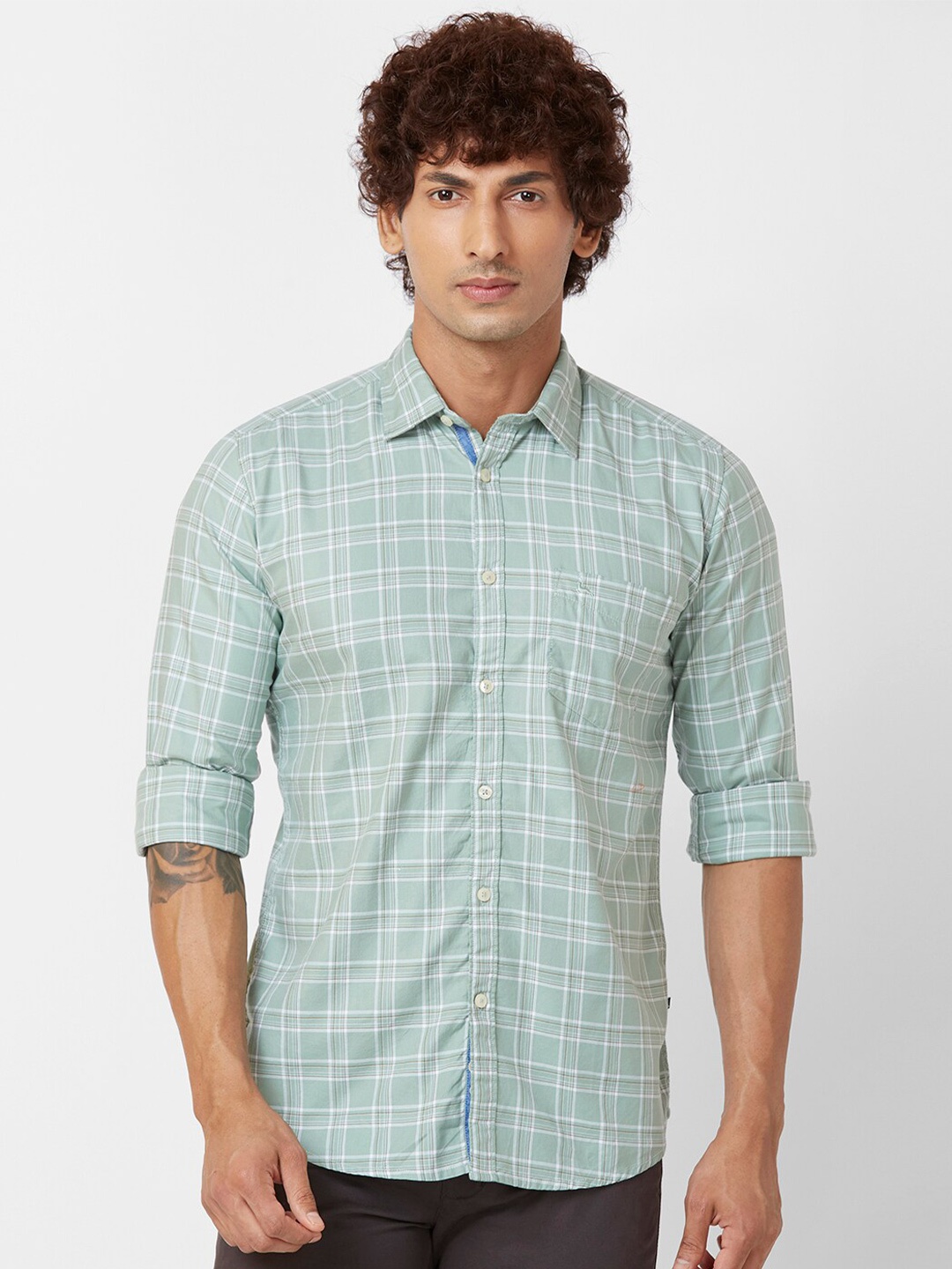 

Parx Slim Fit Checked Cotton Casual Shirt, Green
