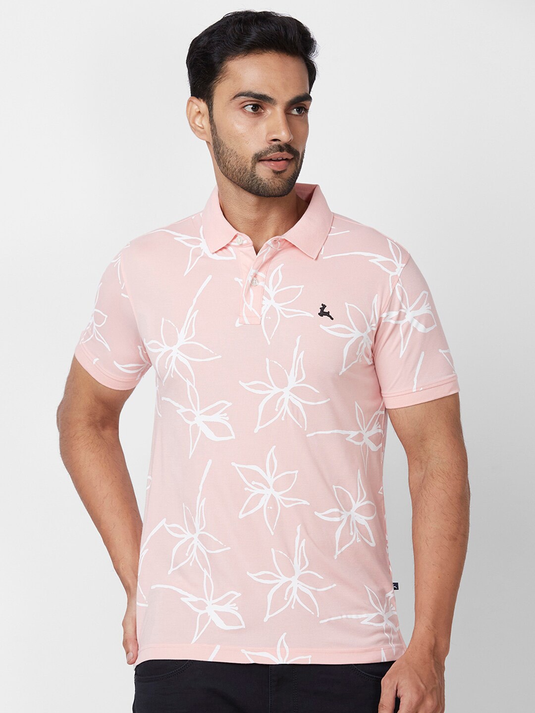 

Parx Floral Printed Polo Collar T-shirt, Pink