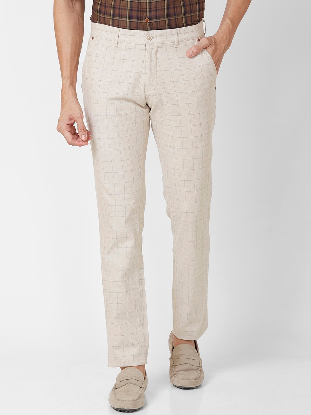 

Parx Men Mid-Rise Checked Slim Fit Regular Trousers, Beige