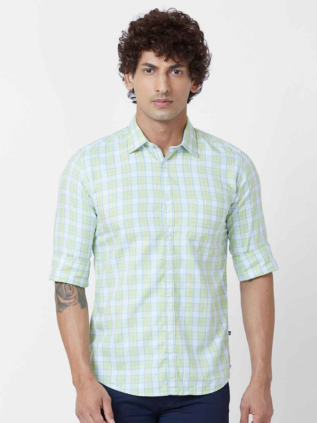 

Parx Slim Fit Checked Cotton Casual Shirt, Green