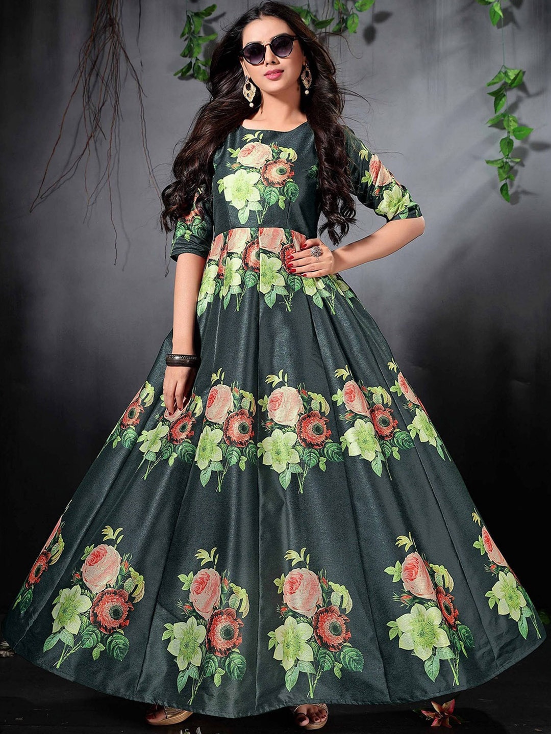 

Zeel Clothing Floral Printed Maxi Ethnic Dress, Green