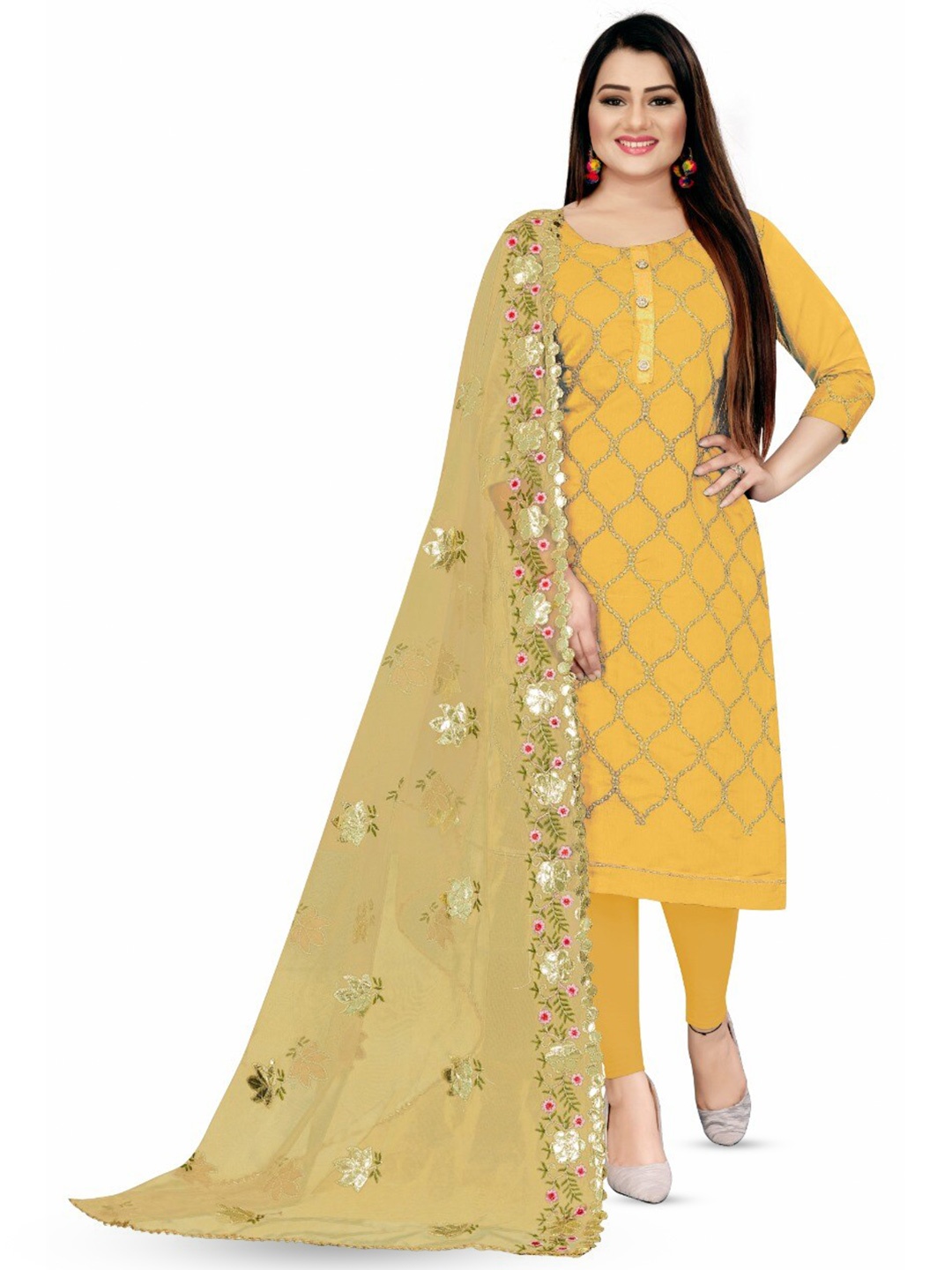 

LeeliPeeri Designer Geometric Embroidered Unstitched Dress Material, Yellow