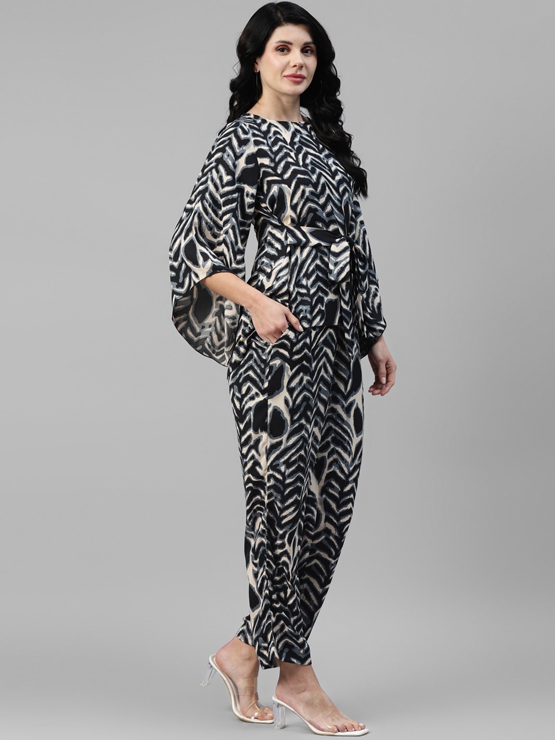 

DEEBACO Printed Belted Top With Trousers, Black