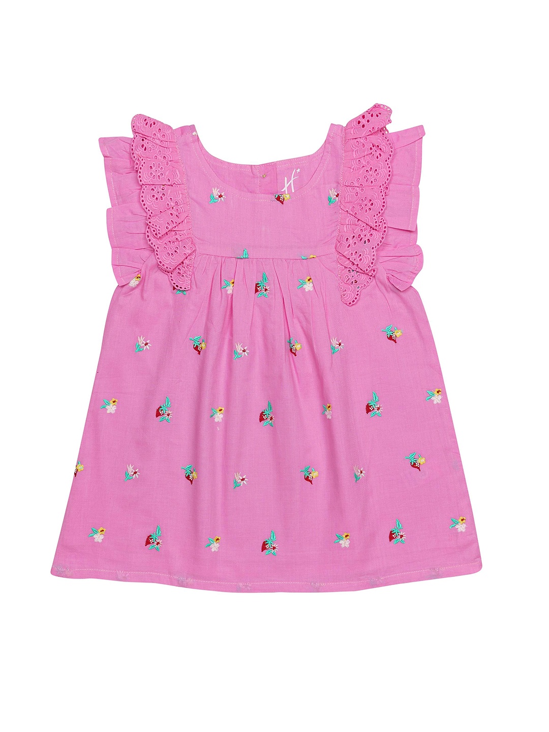 

H By Hamleys Girls Floral Embroidered Flutter Sleeve Pure Cotton A-Line Top, Pink