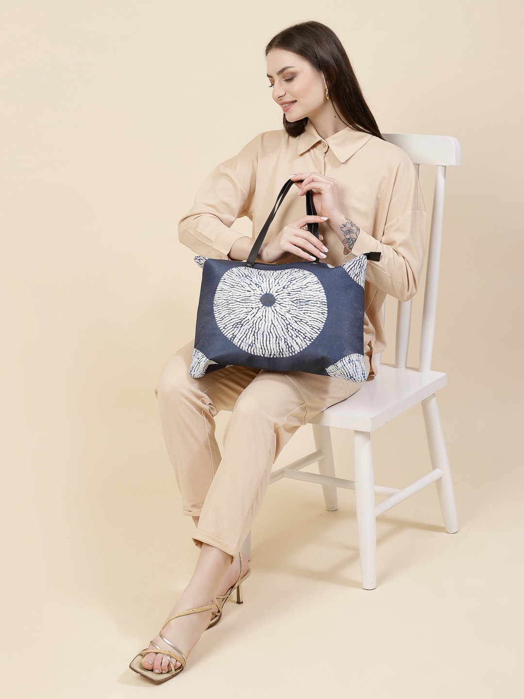 

Anouk Blue Geometric Printed Oversized Structured Shoulder Bag Up to 12 inch, Navy blue