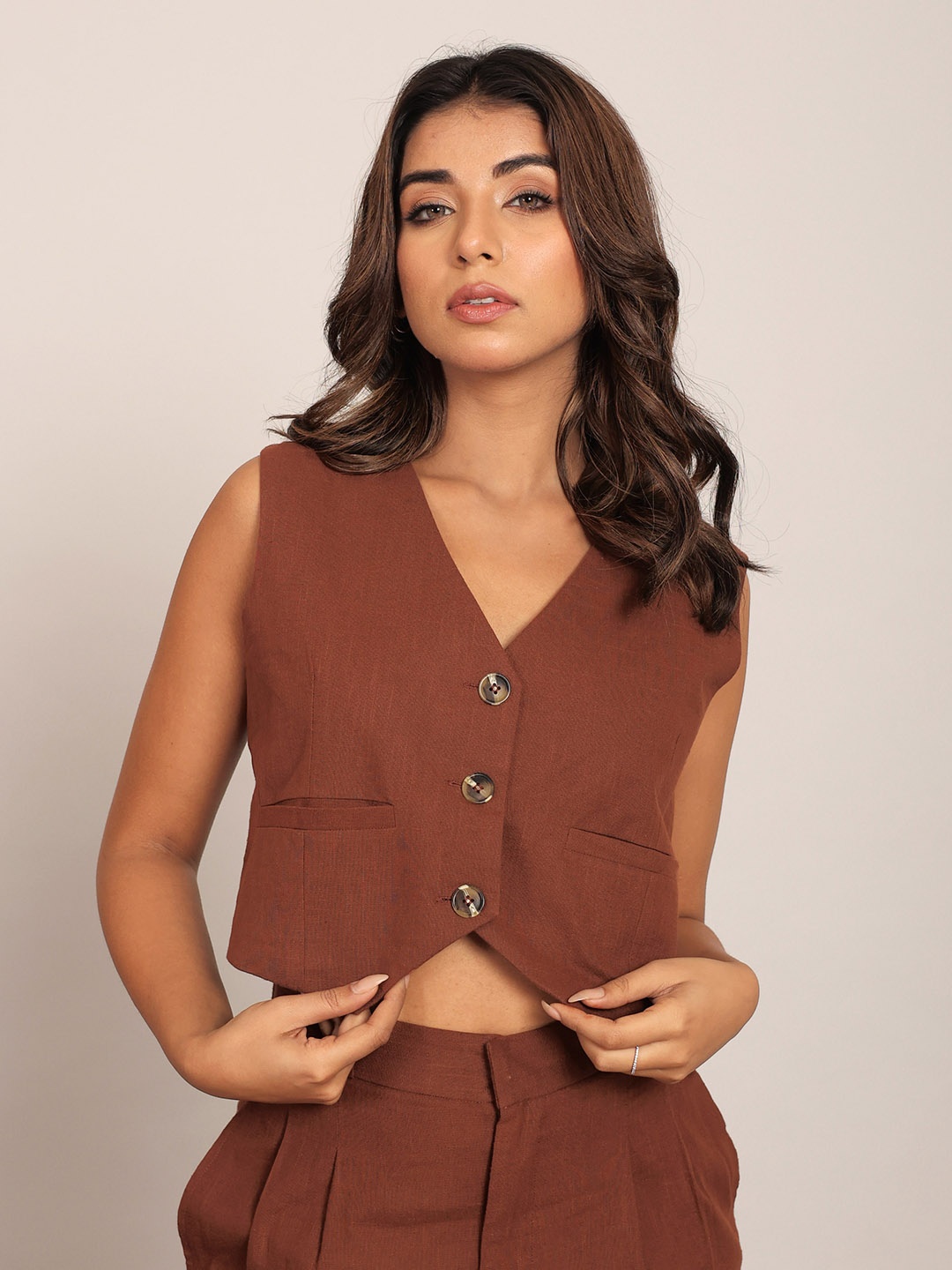 

KAORI BY SHREYA AGARWAL V-Neck Crop Top, Brown