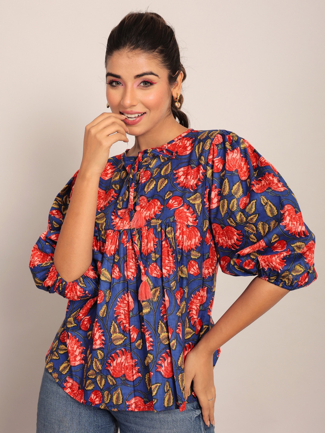 

KAORI BY SHREYA AGARWAL Floral Printed Tie-Up Neck Puff Sleeve Cotton A-Line Top, Blue