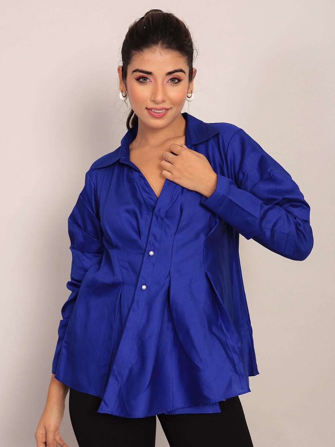 

KAORI BY SHREYA AGARWAL Cuffed Sleeves Shirt Style Top, Blue
