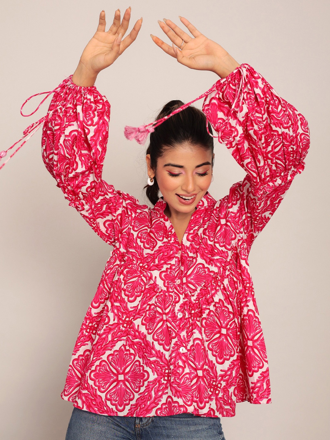 

KAORI BY SHREYA AGARWAL Ethnic Motifs Printed Puff Sleeves Cotton Top, Pink