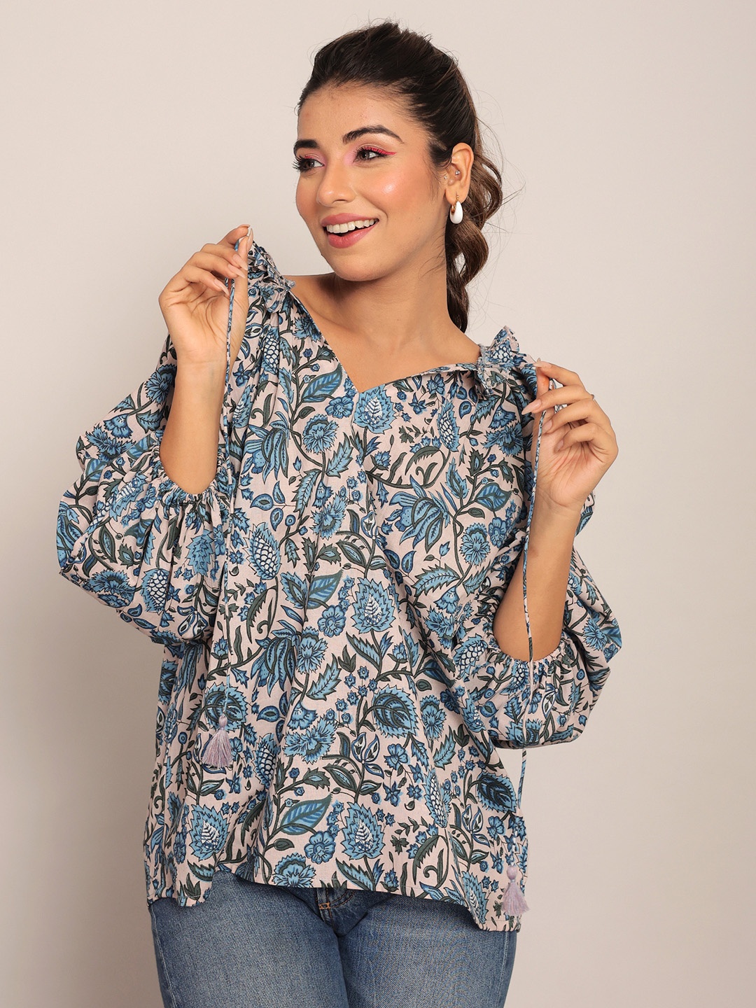 

KAORI BY SHREYA AGARWAL Floral Print Tie -Up Neck Cotton Top, Beige