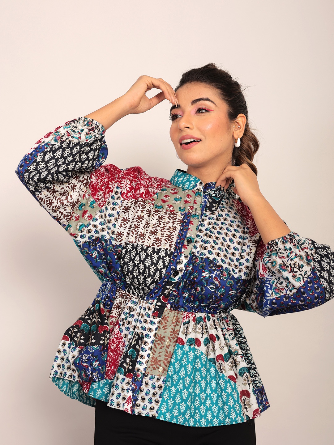 

KAORI BY SHREYA AGARWAL Floral Print Puffed Sleeve Cotton Peplum Top, White