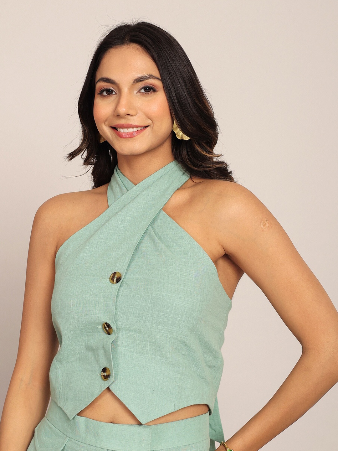 

KAORI BY SHREYA AGARWAL Halter Neck Crop Top, Green