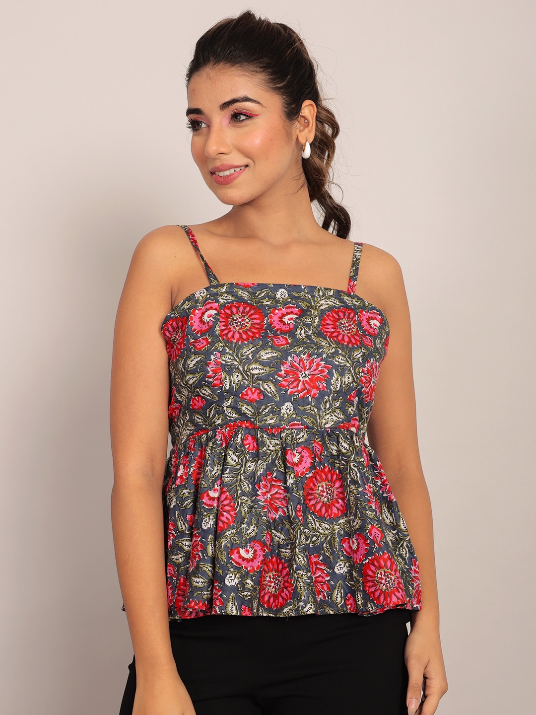 

KAORI BY SHREYA AGARWAL Floral Printed Cotton Peplum Top, Grey