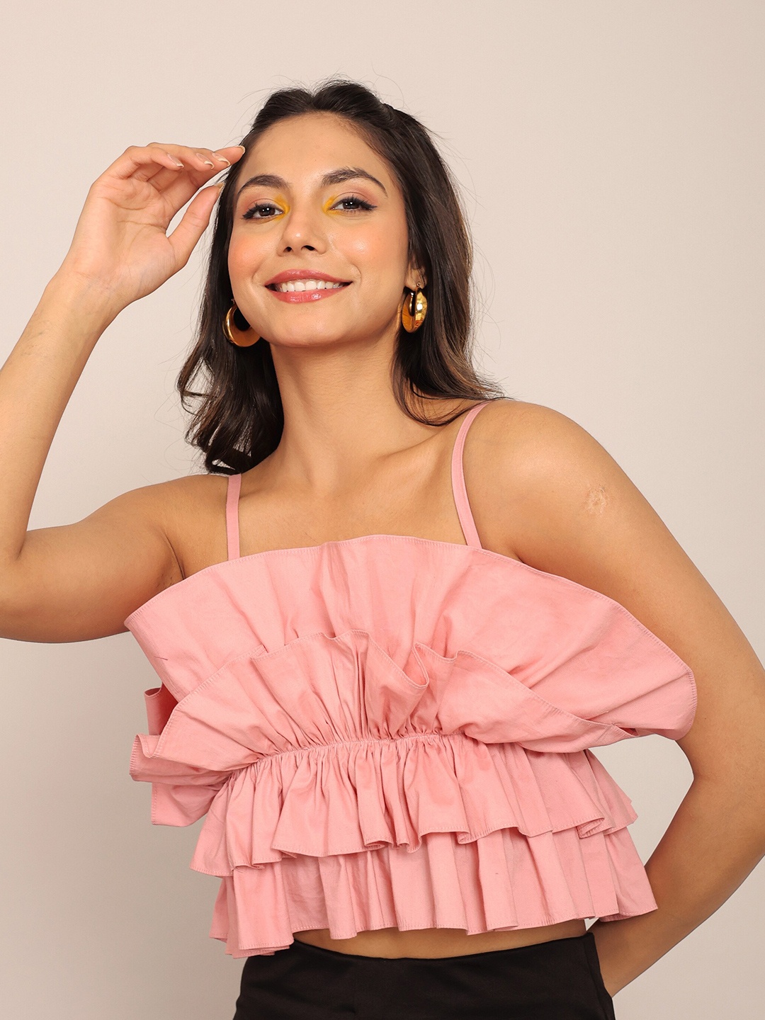 

KAORI BY SHREYA AGARWAL Shoulder Straps Ruffles Cotton Crop Top, Pink