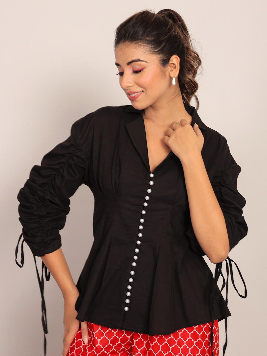 

KAORI BY SHREYA AGARWAL Shirt Collar Puff Sleeves Cotton Shirt Style Top, Black