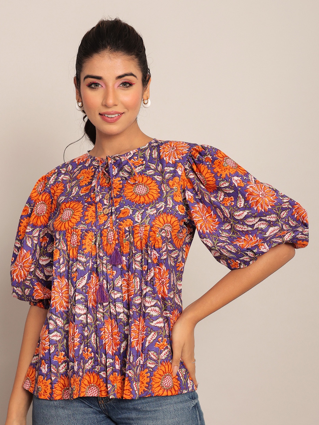 

KAORI BY SHREYA AGARWAL Floral Print Tie-Up Neck Puff Sleeve Cotton Top, Purple