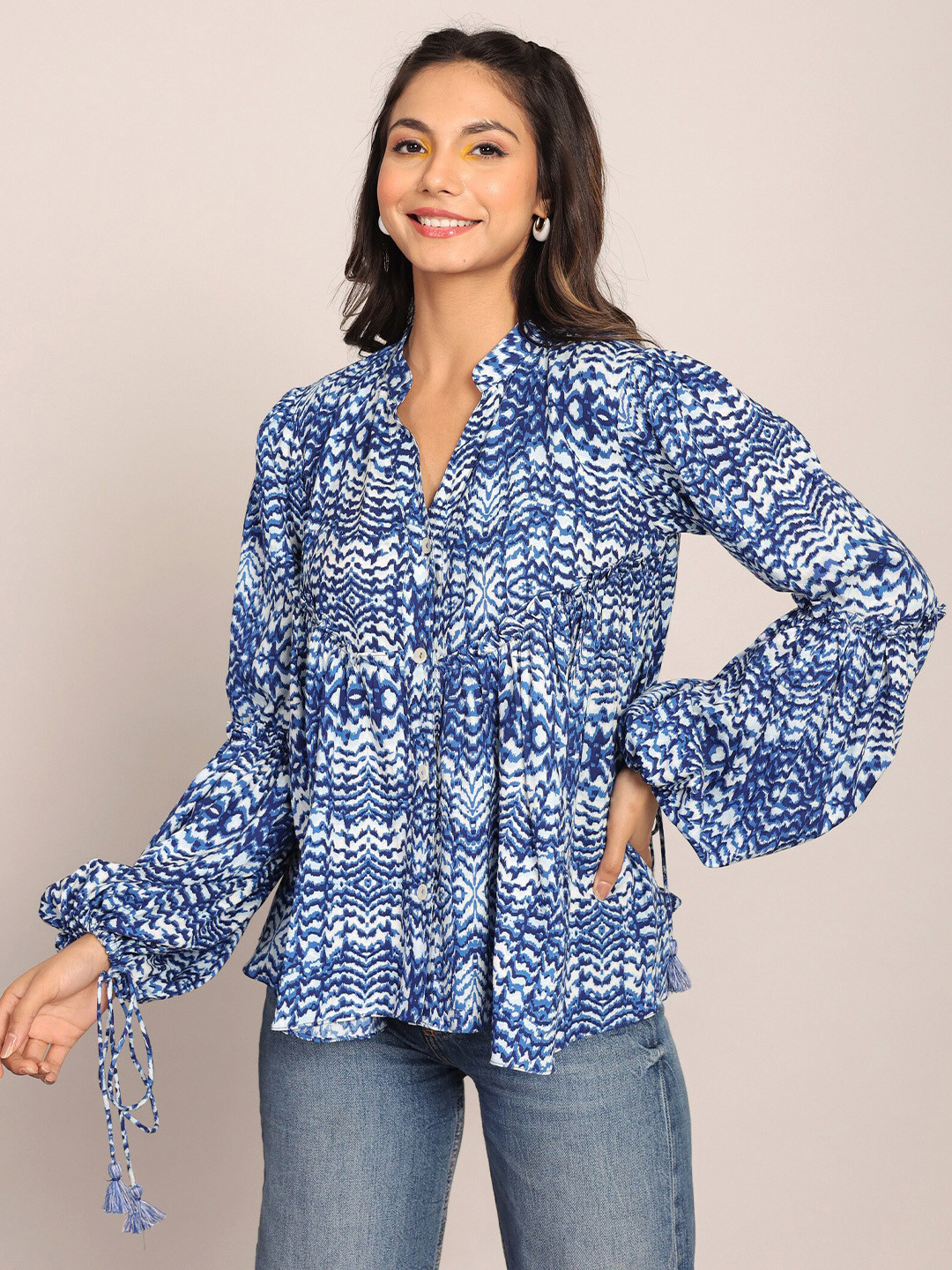 

KAORI BY SHREYA AGARWAL Abstract Printed Mandarin Collar Puff Sleeve Cotton Top, Blue