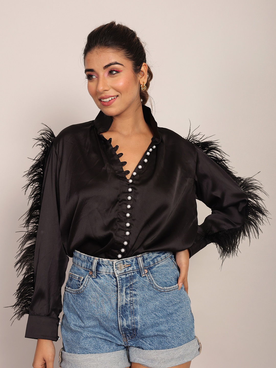 

KAORI BY SHREYA AGARWAL Shirt Collar Cuffed Sleeves Satin Top, Black