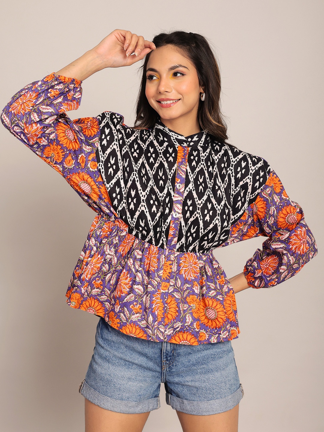 

KAORI BY SHREYA AGARWAL Abstract Print Mandarin Collar Cuffed Sleeves Cotton Peplum Top, Purple