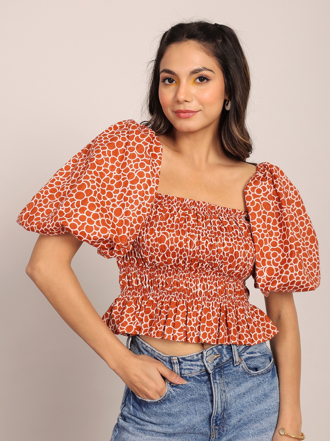 

KAORI BY SHREYA AGARWAL Floral Print Square Neck Puff Sleeve Cotton Crop Top, Brown