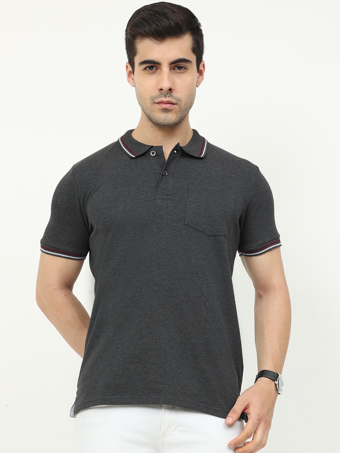 

Masculino Latino Plus Regular Fit Polo Collar Cotton Pockets T-shirt, Charcoal