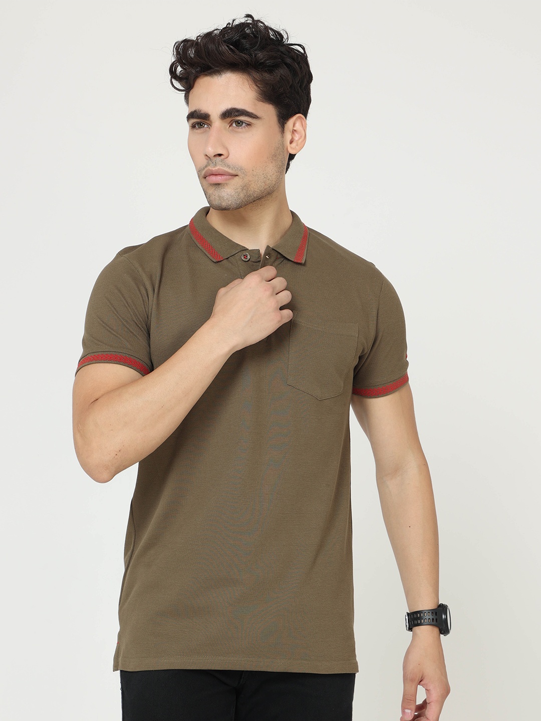 

Masculino Latino Plus Polo Collar Short Sleeves Bio Finish Cotton T-shirt, Olive