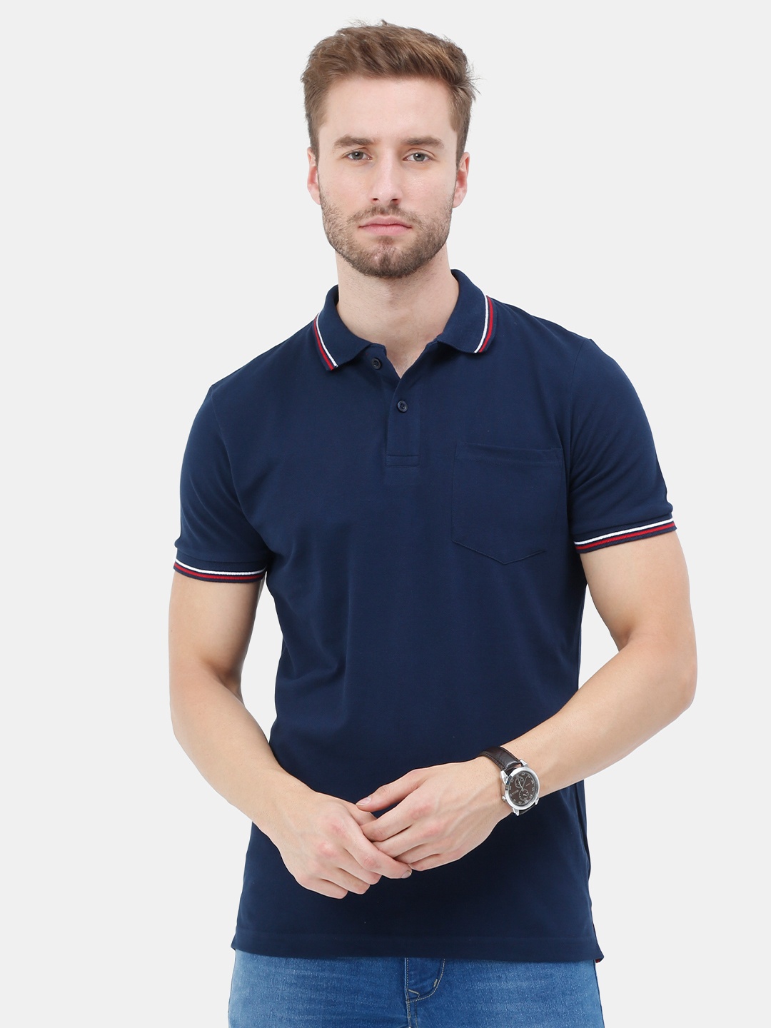 

Masculino Latino Plus Polo Collar Bio Finish Pockets Cotton T-shirt, Navy blue