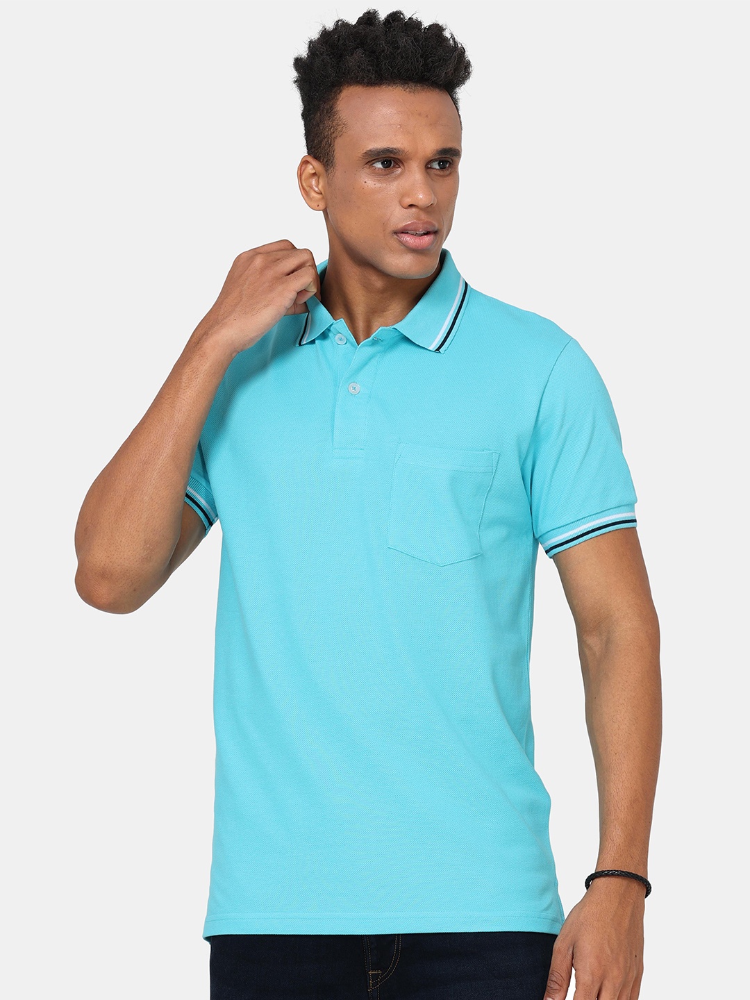 

Masculino Latino Plus Polo Collar Short Sleeves Bio Finish Cotton T-shirt, Blue