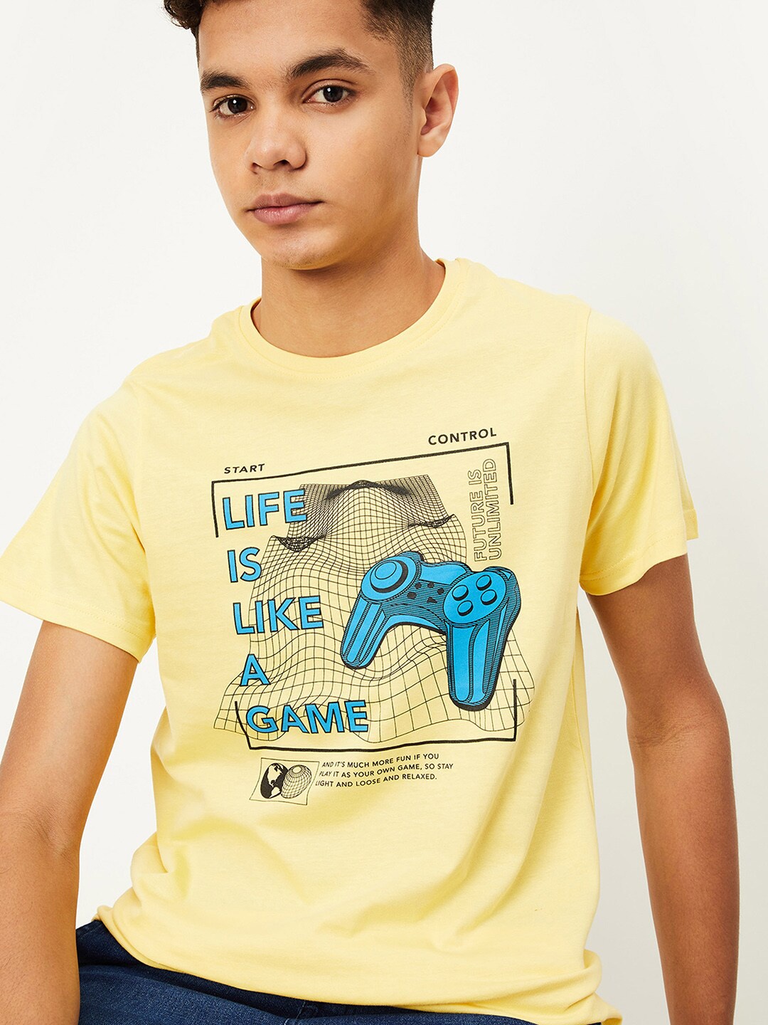 max Boys Typography Printed Cotton T-shirt, Yellow