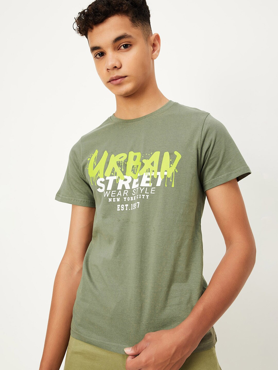 max Boys Typography Printed Cotton T-shirt, Olive