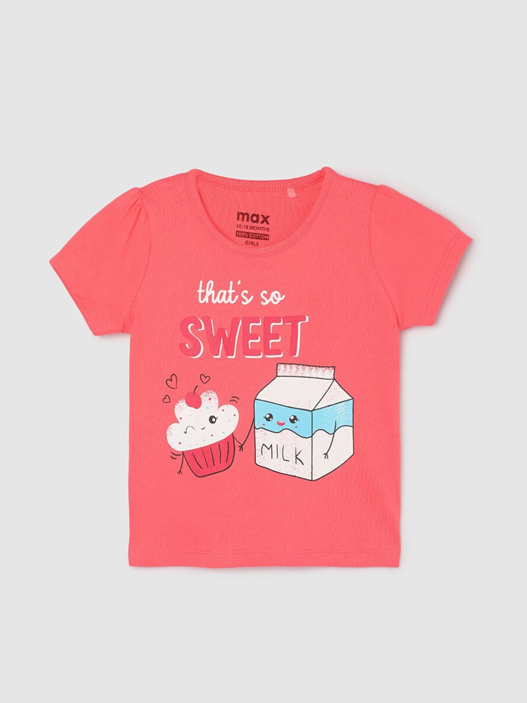 max Girls Typography Printed Cotton T-shirt, Orange