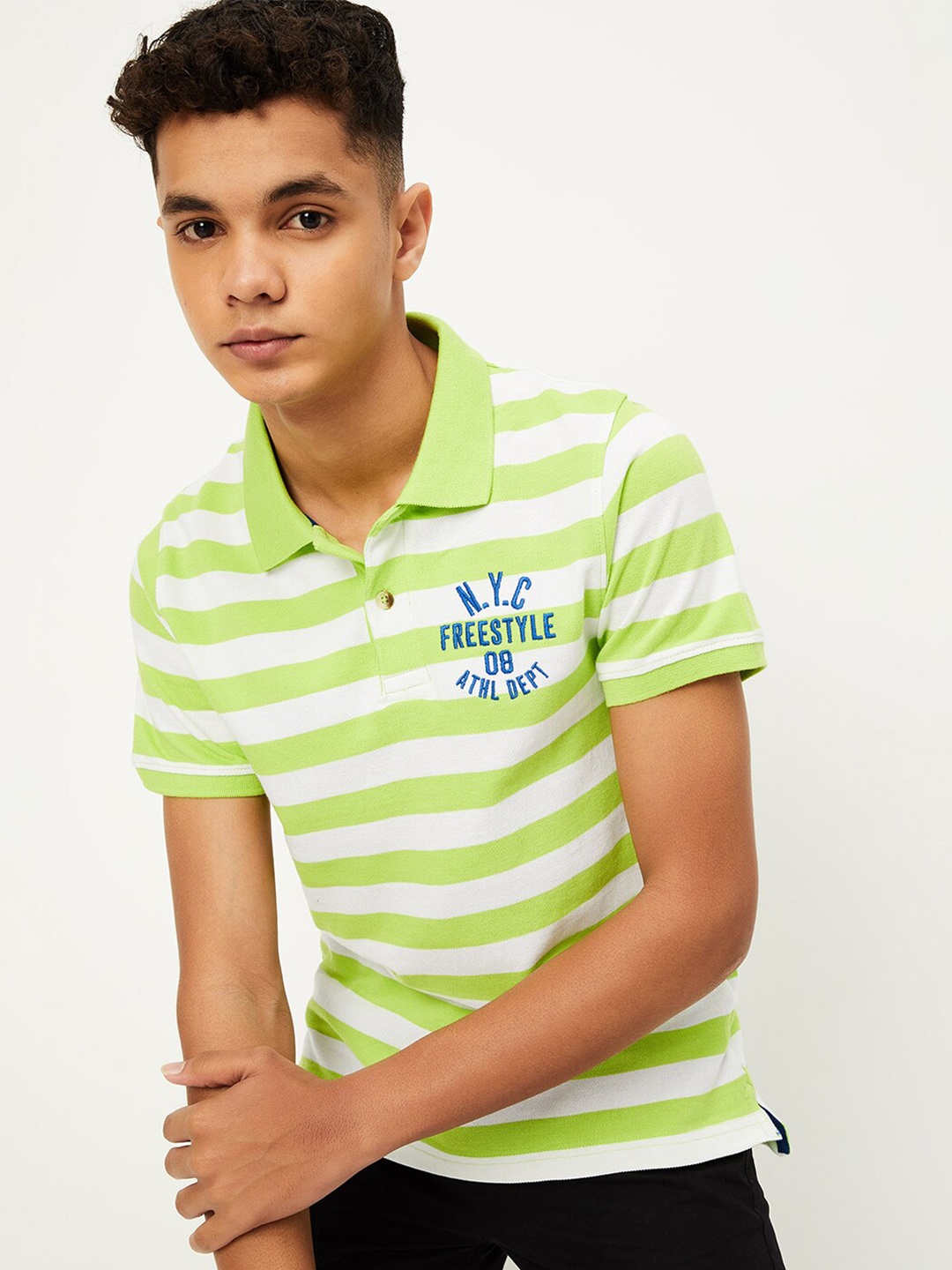 

max Boys Striped Polo Collar Cotton T-shirt, Green