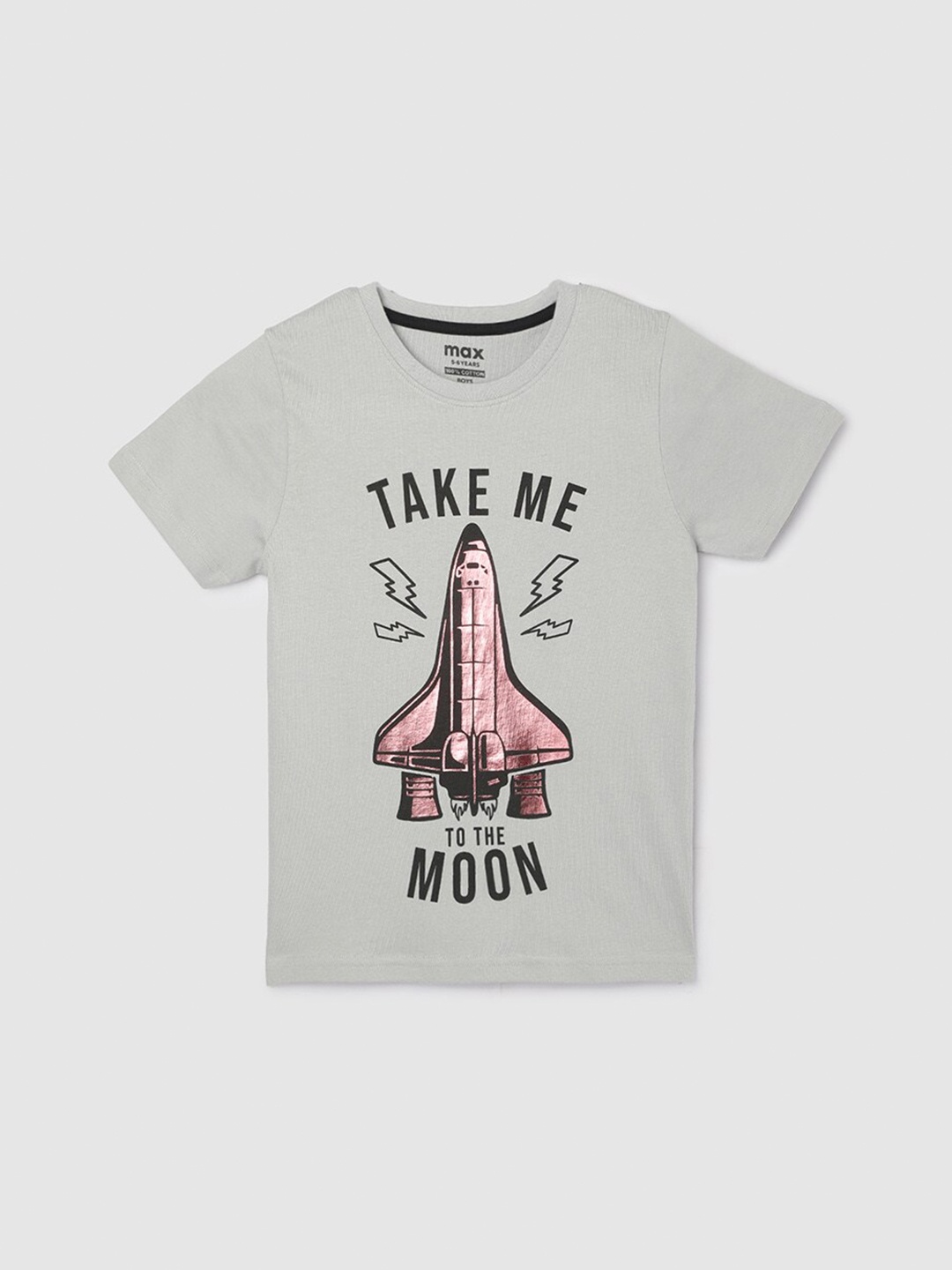 

max Boys Typography Printed Cotton T-shirt, Grey