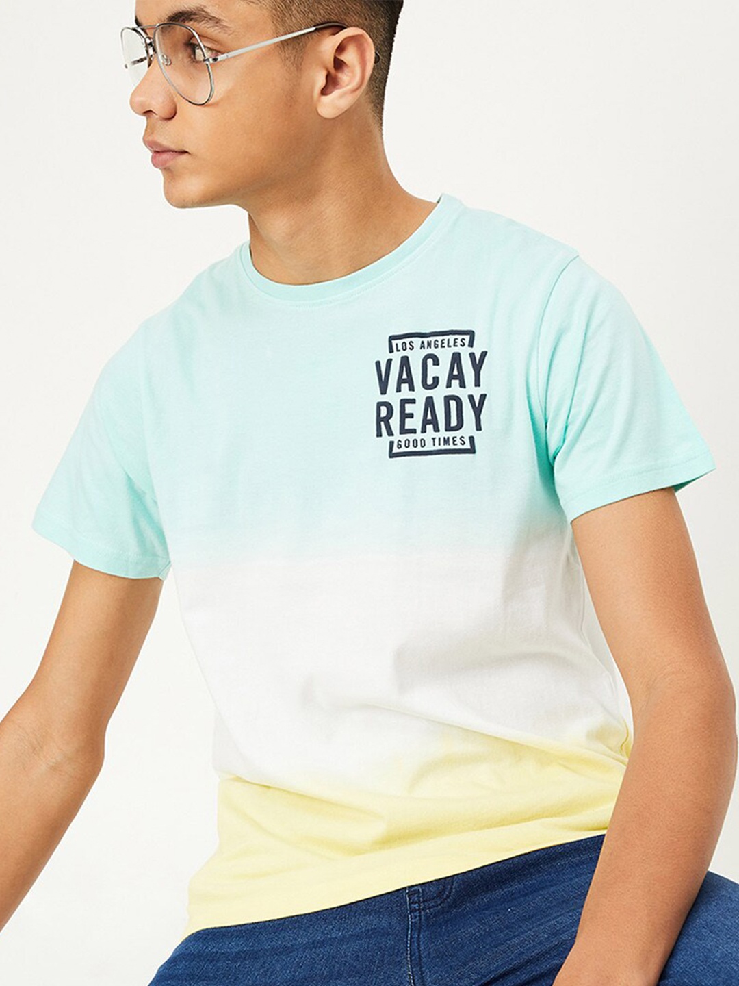 

max Boys Ombre Printed Cotton T-shirt, Blue
