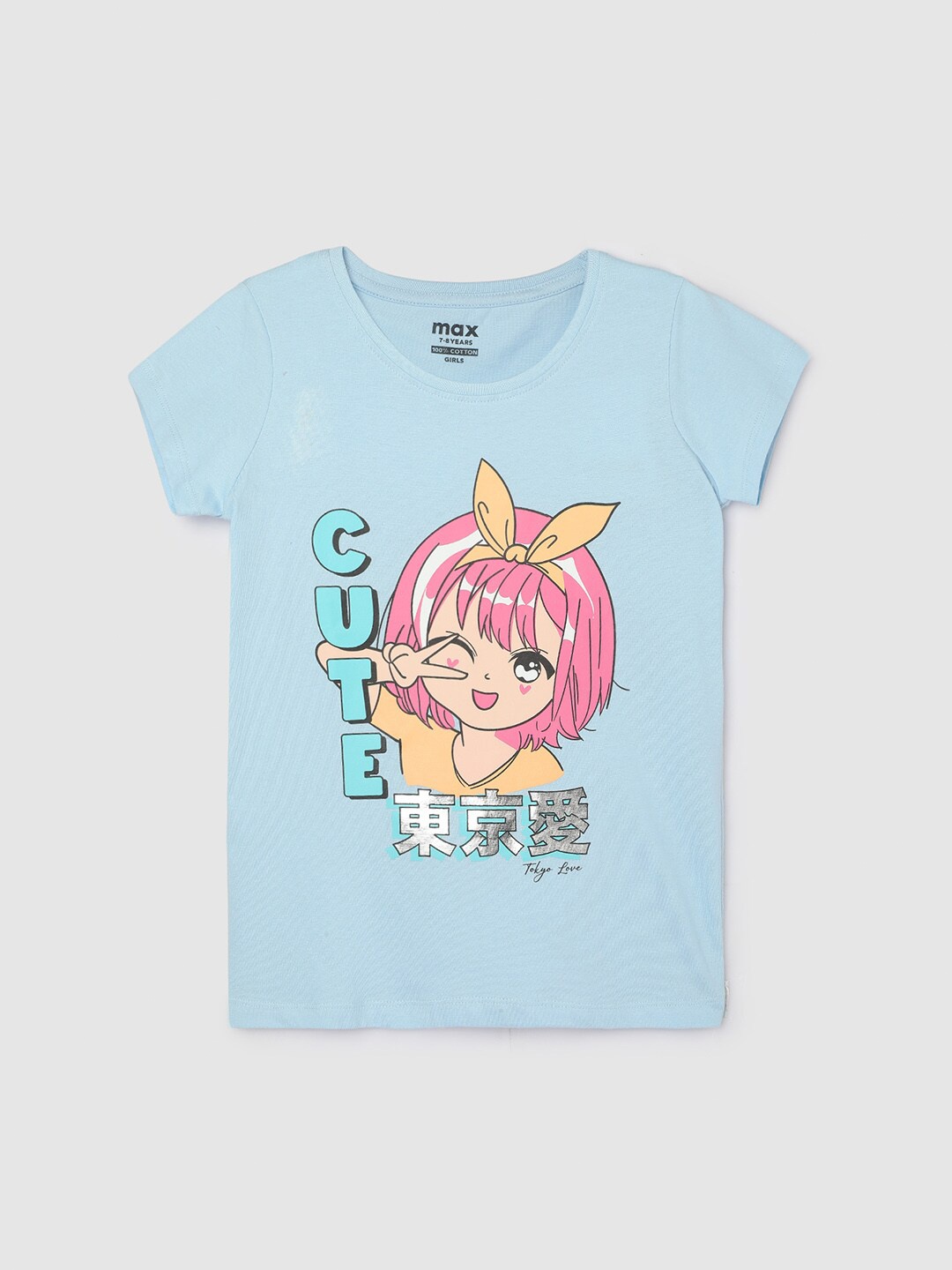 

max Girls Graphic Printed Cotton T-shirt, Blue
