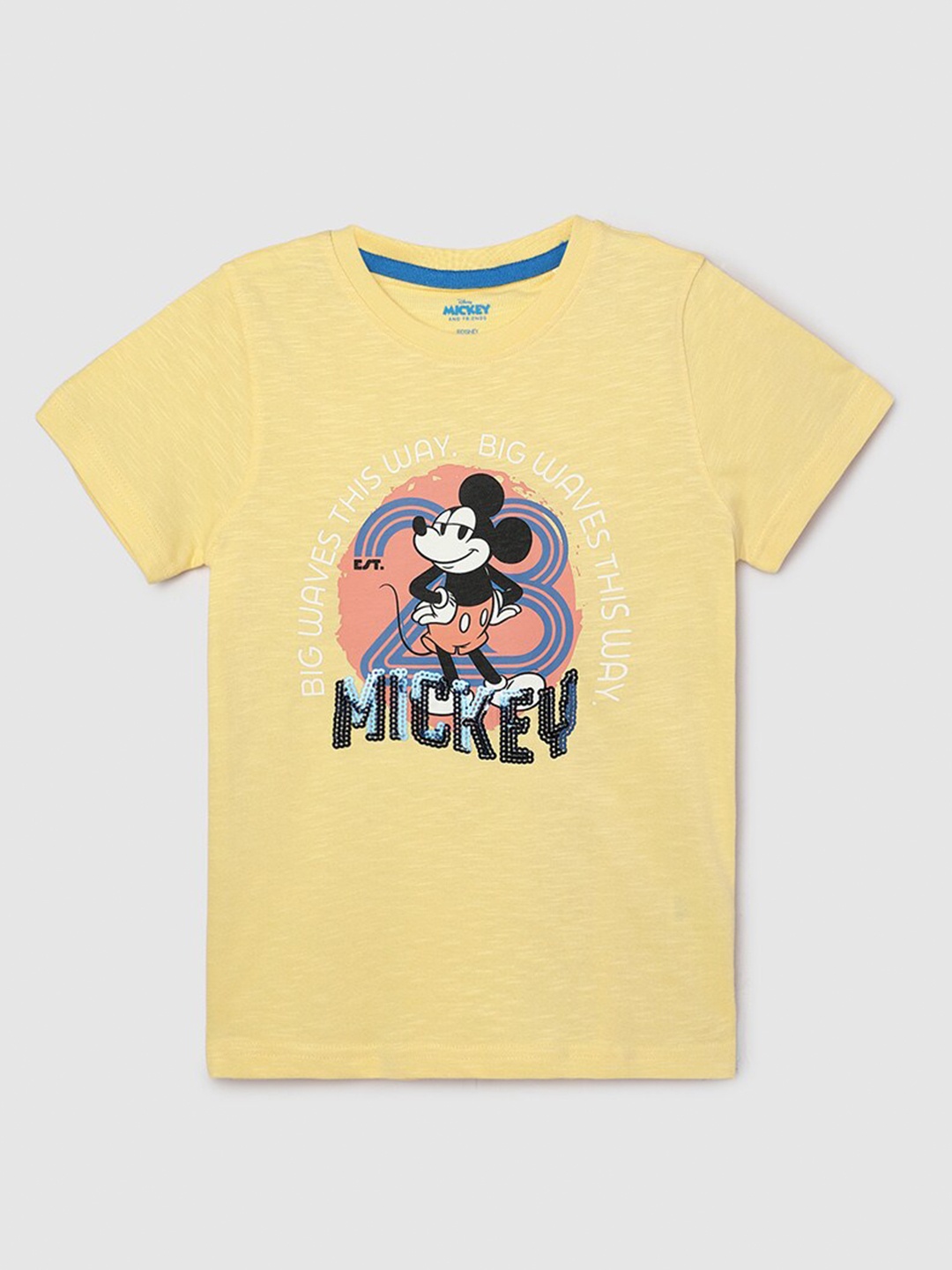 

max Boys Mickey Printed Sequinned Cotton T-shirt, Yellow