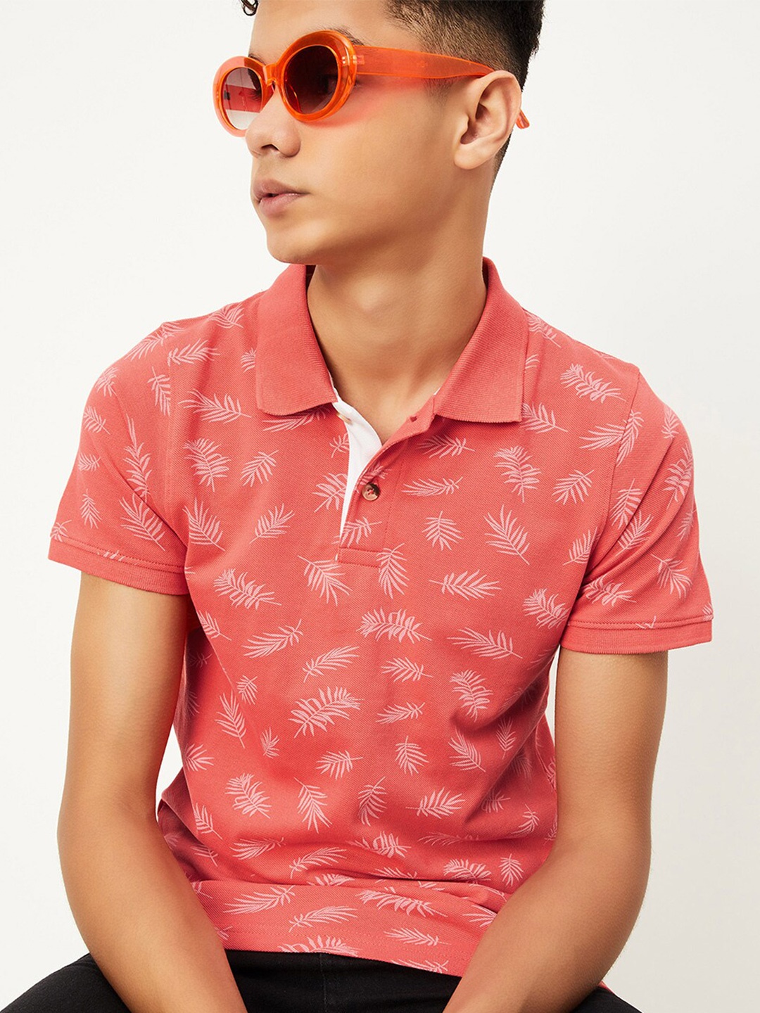 

max Boys Floral Printed Polo Collar Cotton T-shirt, Orange