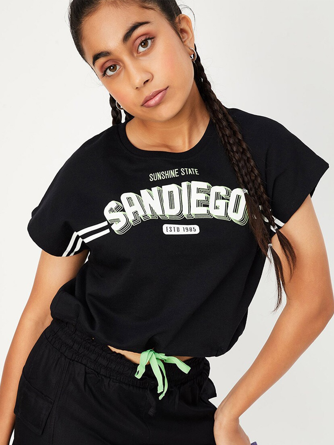 max Girls Typography Printed Extended Sleeves Cotton Casual T-shirt, Black