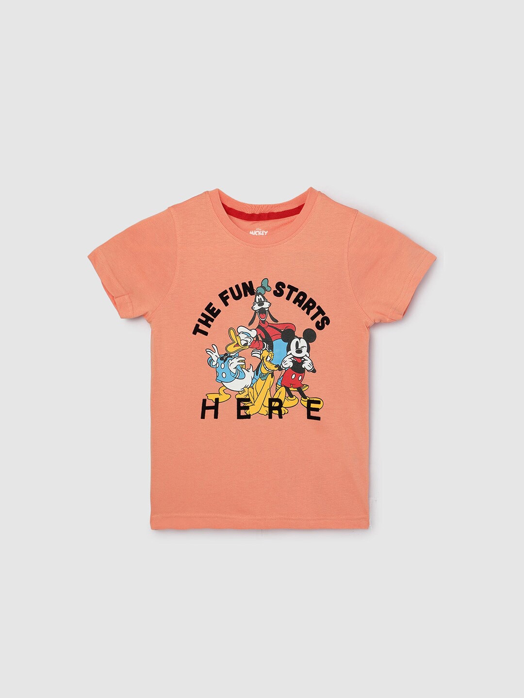 

max Boys Mickey & Friends Printed Round Neck Cotton Casual T-shirt, Orange