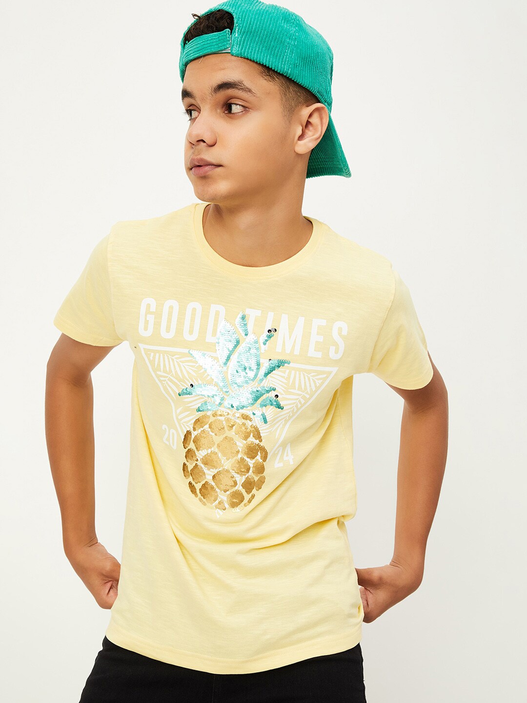 

max Boys Typography Printed Embellished Round Neck Cotton Casual T-shirt, Yellow
