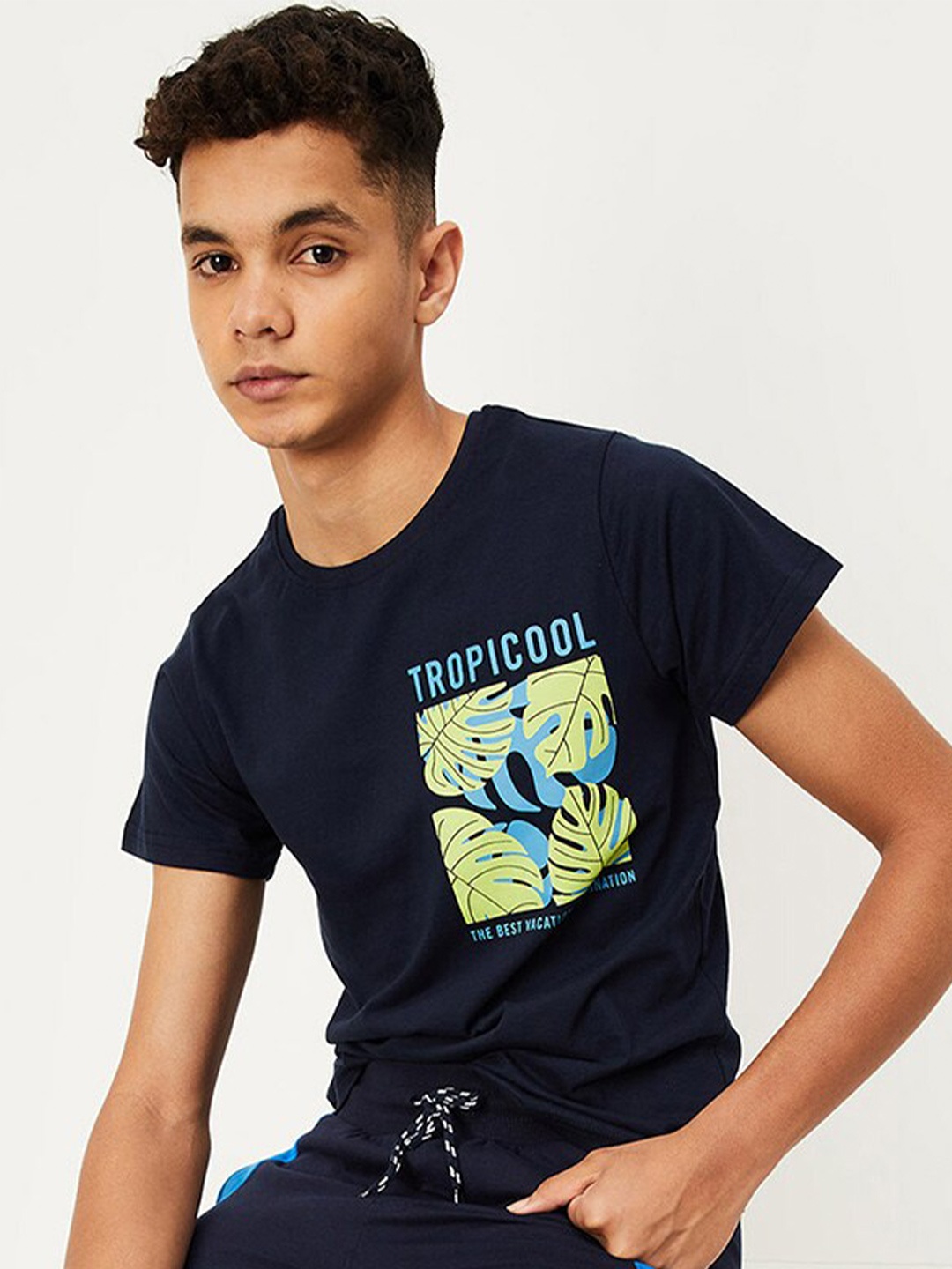 max Boys Typography Printed Round Neck Cotton Casual T-shirt, Navy blue