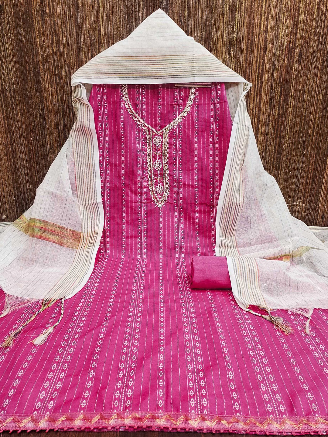 

KALINI Woven Design Unstitched Dress Material, Pink