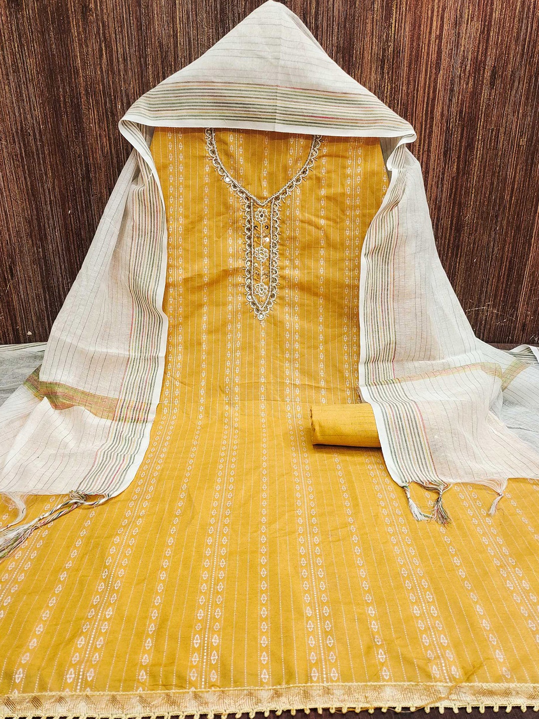 

KALINI Woven Design Unstitched Dress Material, Yellow